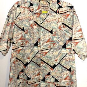 Caribbean Joe Hawaiian Shirt Men's L Vintage Map Print Rayon Aloha Y2K (A3d)